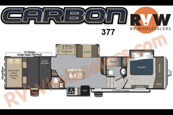 Click here to see the New 2015 Carbon 377 Toy Hauler Fifth Wheel by Keystone RV at RVNation.us