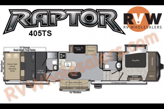 Click here to see the New 2015 Raptor 405TS Toy Hauler Fifth Wheel by Keystone RV at RVNation.us