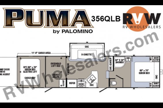 Click here to see the New 2016 Puma 356QLB Toy Hauler Fifth Wheel by Palomino at RVNation.us