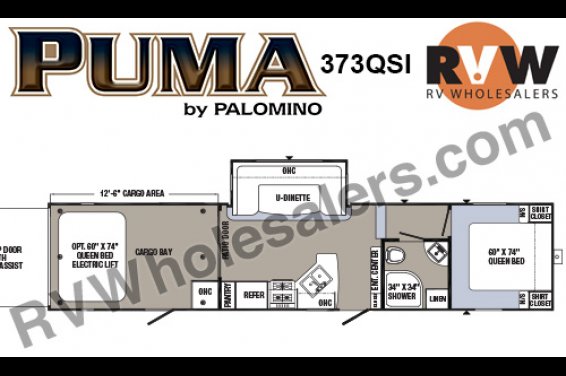 Click here to see the New 2016 Puma 373QSI Toy Hauler Fifth Wheel by Palomino at RVNation.us